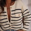 Women's Classic Black Stripe Flap Pocket Buttoned Cardigan Sweater - Image 12