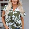 Chic Women's Green Floral Print Short Sleeve Blouse with Split Neck Design - Image 5