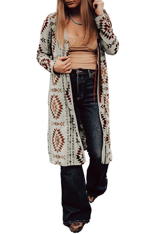 Women's Brown Aztec Open Front Long Cardigan - Western Style