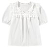 Women's White Embroidered Lace Patchwork Tie Neck Puff Short Sleeve Blouse - Image 25