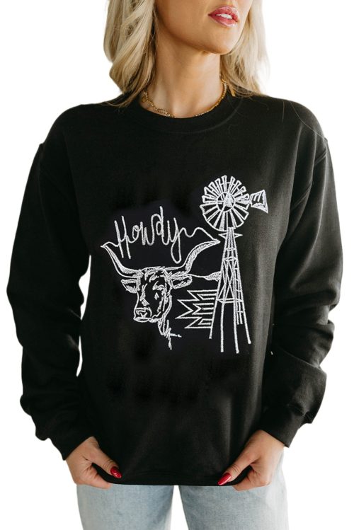 Women's Black Embroidered Howdy Cow Western Graphic Crew Neck Sweatshirt
