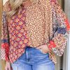 Plus Size Orange Floral Geometric Patchwork Lace-up Crewneck Blouse for Women - Image 3