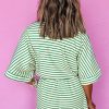 Women's Green Stripe Textured Short Sleeve Collared Buttoned Waist Tie Romper - Chic & Casual Style - Image 2