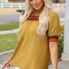 Chic Mustard Geometric Short Puff Sleeve Blouse with Frilled Collar - Image 6