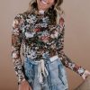 Women's Brown Floral High Neck Long Sleeve Sheath Blouse - Image 4