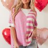 Women's Pink Stripe Patchwork Textured Short Sleeve High Low Loose Top - Image 6