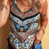 Bohemian Women's Red Mixed Floral Chevron Pattern Dip Hem Spaghetti Straps Tank Top - Image 3