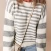 Women's Gray Stripe Drop Shoulder Crew Neck Sweater - Image 7