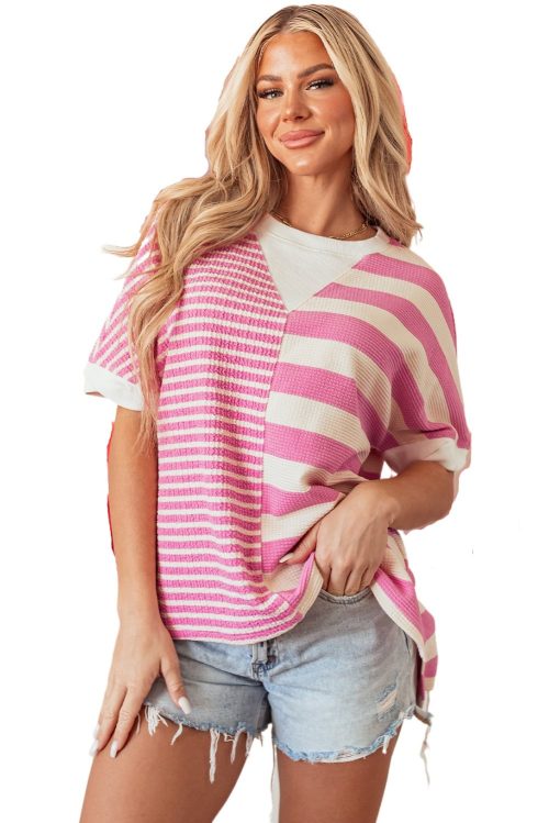 Women's Pink Stripe Patchwork Textured Short Sleeve High Low Loose Top