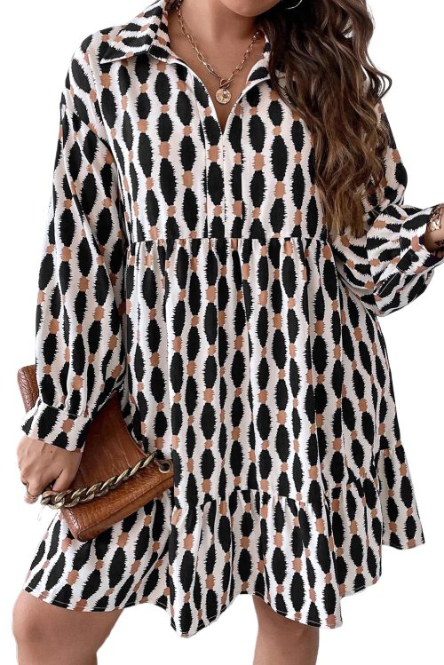 Plus Size Apricot Geometric Print Collared V Neck Mini Dress