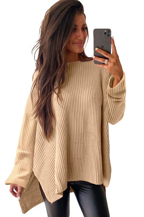 Women's Apricot Cable Knit Drop Shoulder Sweater with Side Slits