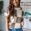 Chic Women's Khaki Checkered Color Block Crew Neck Short Sleeve Sweater - Image 3