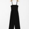 Women's Black Spaghetti Strap Shirred Bodice Wide Leg Jumpsuit with Pockets - Image 8