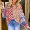 Women's Orange Mixed Floral Printed Long Sleeve Tied V Neck Blouse - Image 6