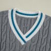 Women's Medium Grey Color Contrast Ribbed Edge Cable Knit V Neck Sweater - Image 14