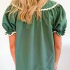 Women's Mist Green Ric Rac Trim Tie Split Neck Blouse - Trendy Short Sleeve Top - Image 2