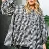 Women's Black Checkered Puff Sleeve Tiered Loose Babydoll Blouse - Image 3