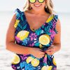 Women's Plus Size Blue Printed V Neck Wrap Knot Ruffled One Piece Swimwear - Image 11