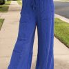 Women's Sky Blue Corded Drawstring High Waist Plus Size Wide Leg Pants - Image 4