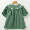 Women's Mist Green Ric Rac Trim Tie Split Neck Blouse - Trendy Short Sleeve Top - Image 5