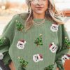 Women's Grass Green Sequin Santa Claus Christmas Tree Patchwork Corded Sweatshirt - Image 2
