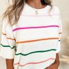 Women's White Colorblock Striped Half Sleeve Drop Shoulder Sweater - Image 2