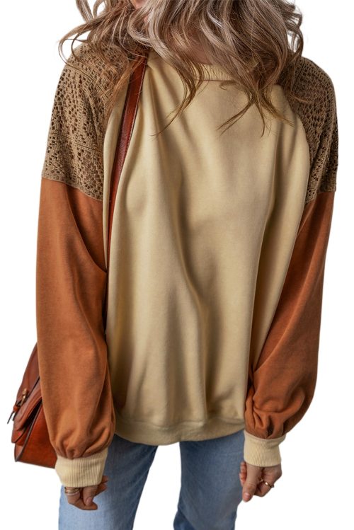 Women's Khaki Lace Patchwork Colorblock Drop Shoulder Sweatshirt