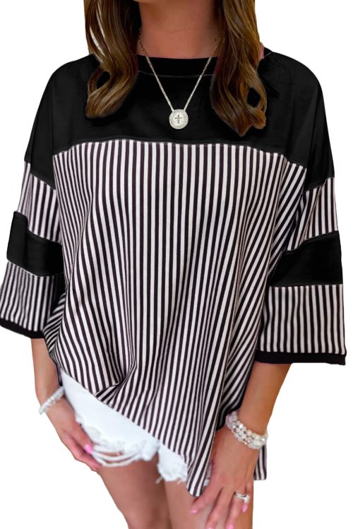 Women's Oversize Black White Striped Patchwork 3/4 Sleeve Top