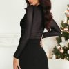 Women's Black Sequin Velvet Sheer Mesh Mock Neck Blouse for Elegant Night Out - Image 3