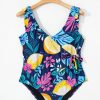 Women's Plus Size Blue Printed V Neck Wrap Knot Ruffled One Piece Swimwear - Image 13