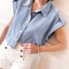 Women's Dusk Blue Denim Pinup Folded Cap Sleeve Shirt - Stylish Cropped Blouse - Image 12