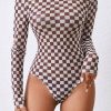 Women's Brown Checkered High Neck Long Sleeve Bodysuit - Image 4