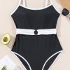 Women's Black Contrast Trim Two Tone Belted One Piece Swimsuit - Elegant Color Block Design - Image 5