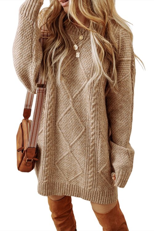 Women's Parchment Cable Knit Long Sleeve Sweater Dress