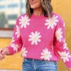 Women's Bright Pink Daisy Flower Crew Neck Long Sleeve Sweater – Cozy & Stylish - Image 12