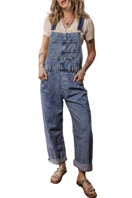 Women's Sail Blue Denim Bib Straight Leg Jumpsuit with Pockets