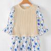 Women's Beige Waffle Floral Patchwork Peplum Blouse with Flounce Sleeves - Image 3