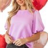 Women's Phalaenopsis Solid Textured O Neck Puff Sleeve Blouse - Casual Elegance for Every Occasion - Image 8