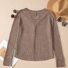 Women's Coffee Acid Wash Waffle Knit Button Neck Long Sleeve Top - Image 5