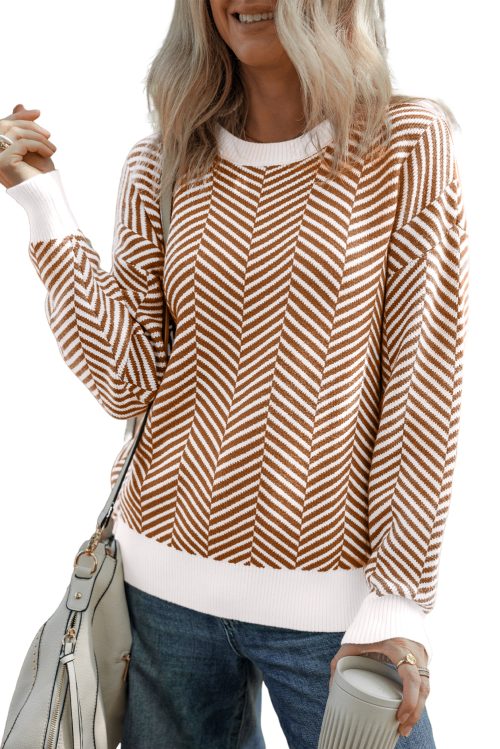 Women's Coffee Contrast Edge Crew Neck Drop Shoulder Sweater - Stylish Casual Wear