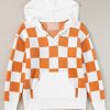 Women's Gold Flame Checkered Split Neck Contrast Kangaroo Pocket Hooded Sweater - Image 6