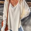 Women's Oversized White Waffle Knit Exposed Seam V Neck Top - Image 8