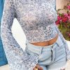 Women's Sky Blue Floral Bell Sleeve Mock Neck Crop Top - Chic Bohemian Style - Image 5