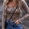 Smoke Grey Leopard Print Long Sleeve Scoop Neck Slim Fit Bodysuit - Image 3