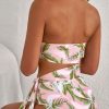 Women's Pink Tropical Asymmetric Cut-Out Halter Backless One Piece Swimwear - Image 6