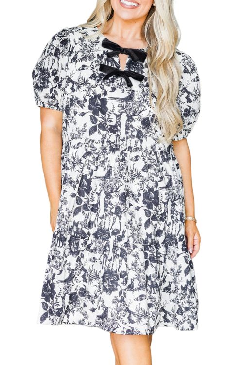 Elegant Black Floral Print Plus Size Midi Dress with Bow Detail and Puff Sleeves