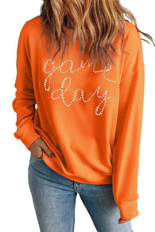 Women's Orange Rhinestone Drop Shoulder Game Day Sweatshirt
