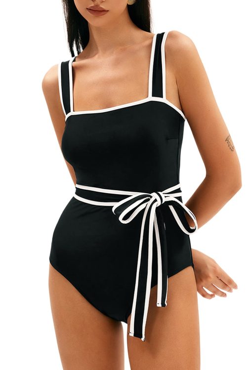 Women's Elegant Black Colorblock Edge Belted One Piece Swimsuit with Padded Support