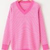 Women's Pink Striped Scallop V Neck Loose Sweater with Side Slits - Image 14