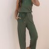 Women's Vineyard Green Buttoned Drawstring Waist Sleeveless Wide Leg Jumpsuit - Image 5